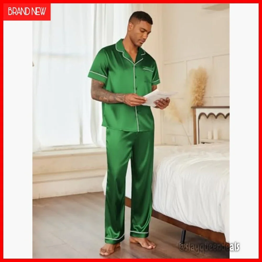 Men's Satin Pajama Set Short Sleeve Button Down Sleepwear Lounge Set Large